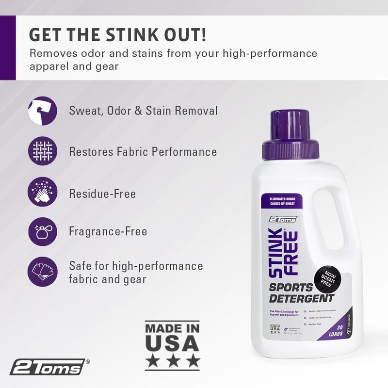 2Toms StinkFree Sports Detergent - Fragrance Free Odor Eliminator for Athletic Clothes & Gear, 30 Ounce Bottle - Image 2